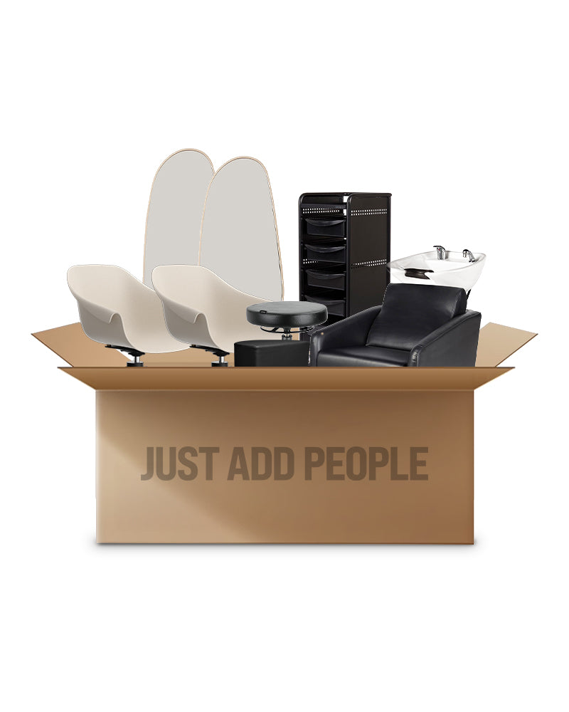 Kit de démarrage coiffeur beige - avec 2 places clients, 1 place lavage et équipement